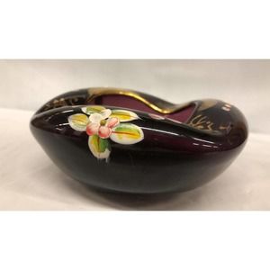 Czech Bohemian Glass Ashtray, Amethyst Glass Ashtray, Hand Painted, Blown Glass